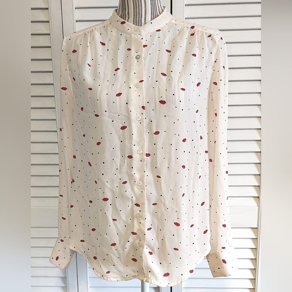 Vintage Red Lip & Polka Dot Semi Sheer Blouse sz S
